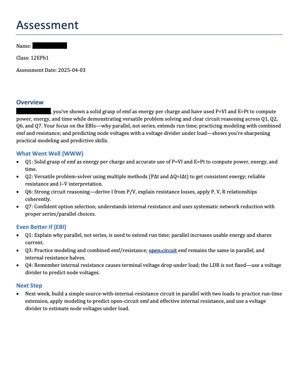 Example overview of a student report in Respond
