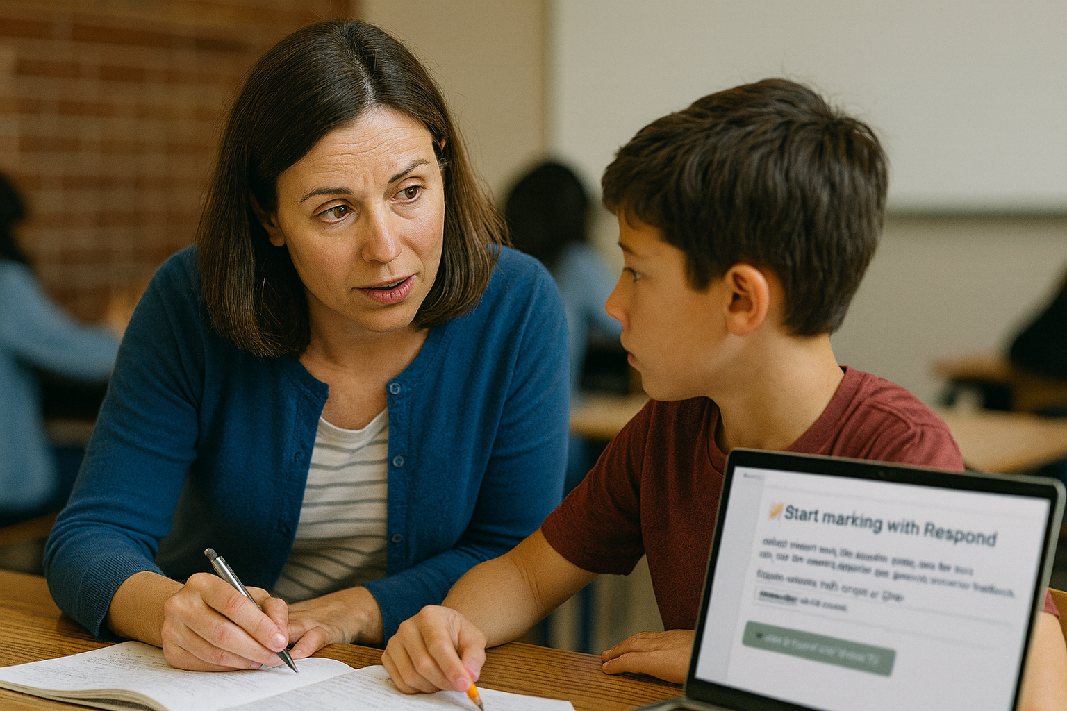 Teacher giving written feedback to a student