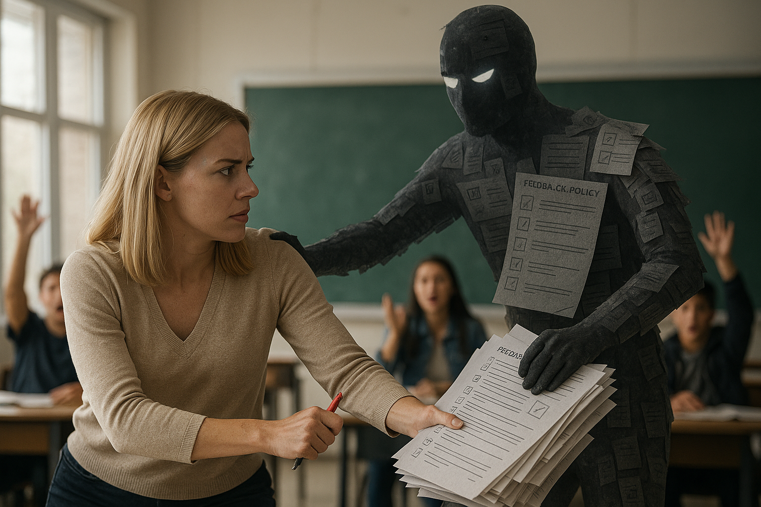 Teacher buried under exercise books and paperwork